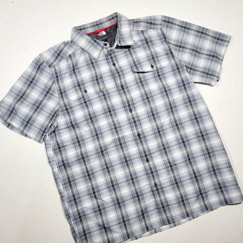 North Face Gray and Blue Button Down